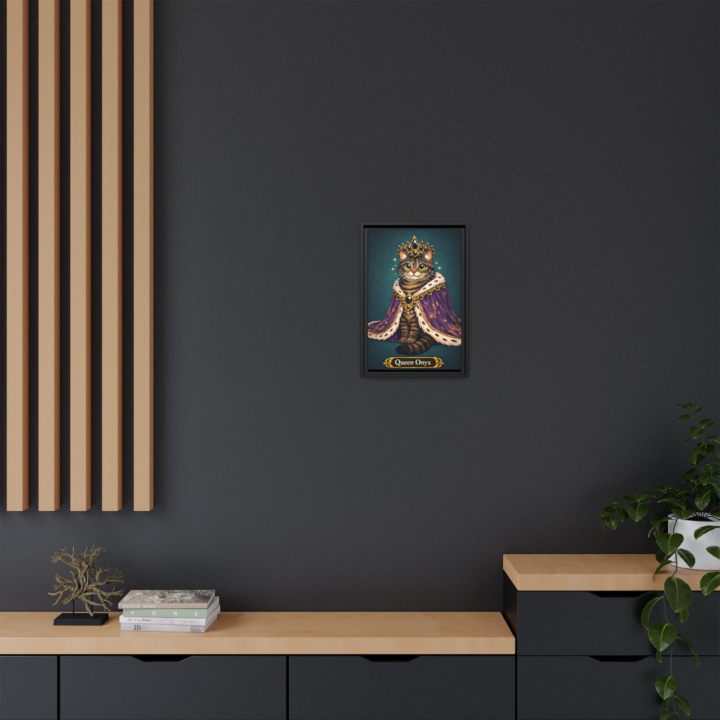 Queen Onyx Framed Canvas Art — Regal Cat Portrait Print