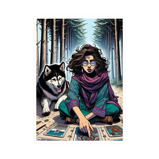 Mystical Adventure, Tarot Reader & Familiar Dog in the Woods, Kiss Cut Vinyl Sticker